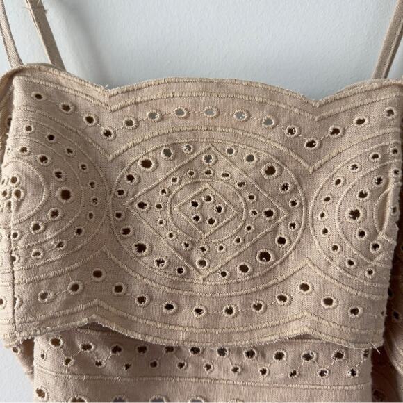 Jason Wu Linen Blend Eyelet Adjustable Spaghetti Strap Crop Top zip back tiered - Picture 3 of 12